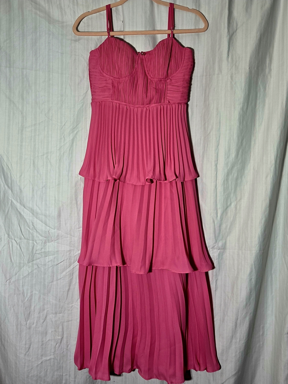 Lulus Cascading Crush Hot Pink Tiered Bustier Midi Dress Spaghetti Strap Size Sm